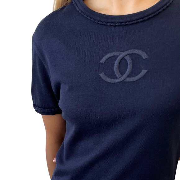 CHANEL Vintage CC Mark Logo Knit T-shirt Top Short Sleeve #38 Dark Blue [106343] - Picture 3 of 11